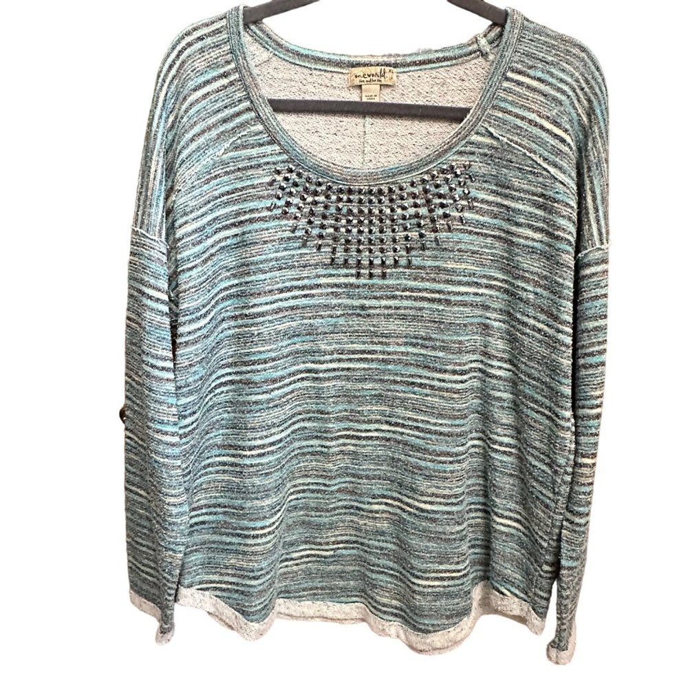 One World women’s size XL green stripe terry brad embellished long sleeve top